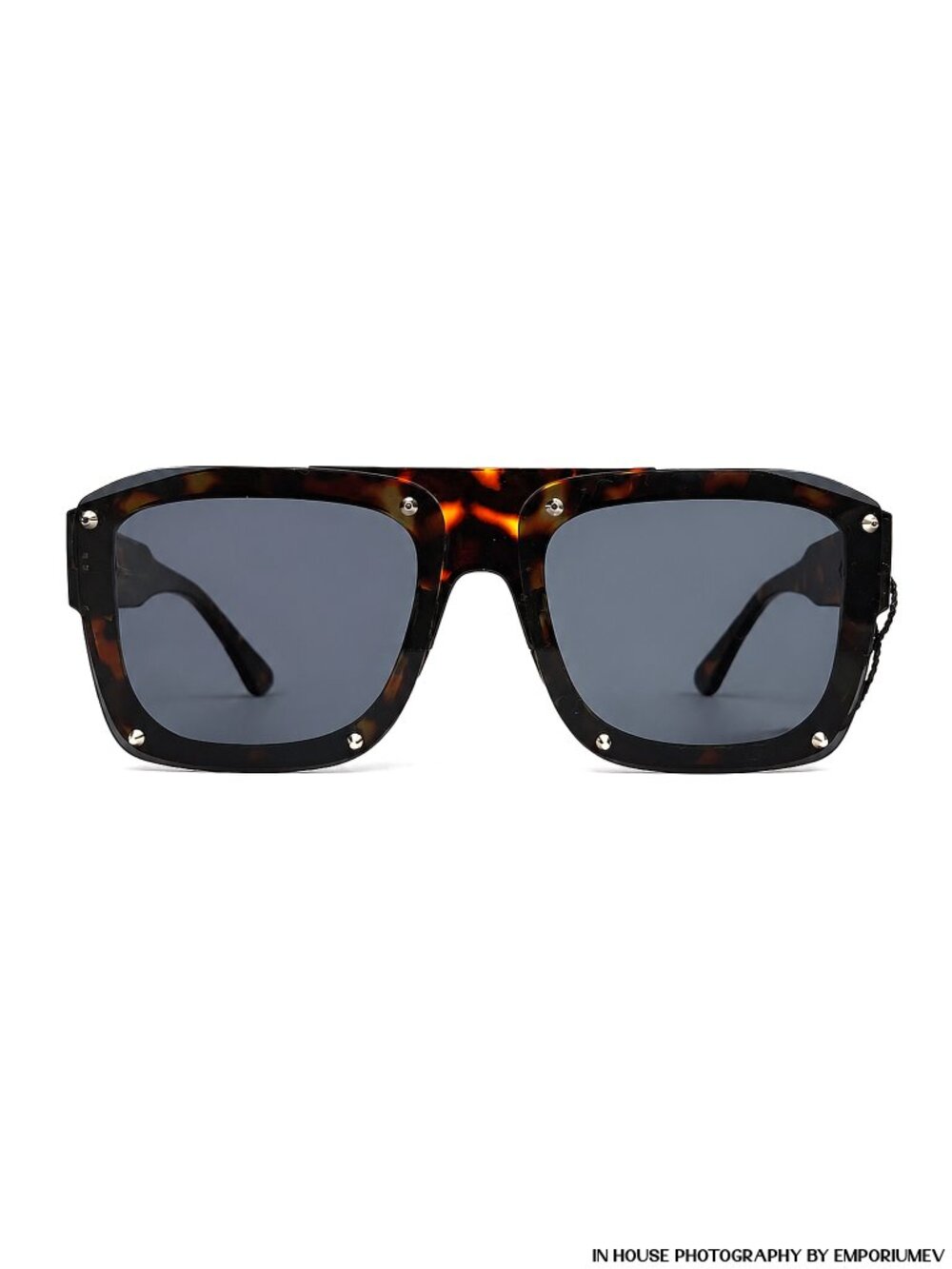 Stylish Rectangular Shield Sunglasses with Havana Frame Studs Spikes - 80494